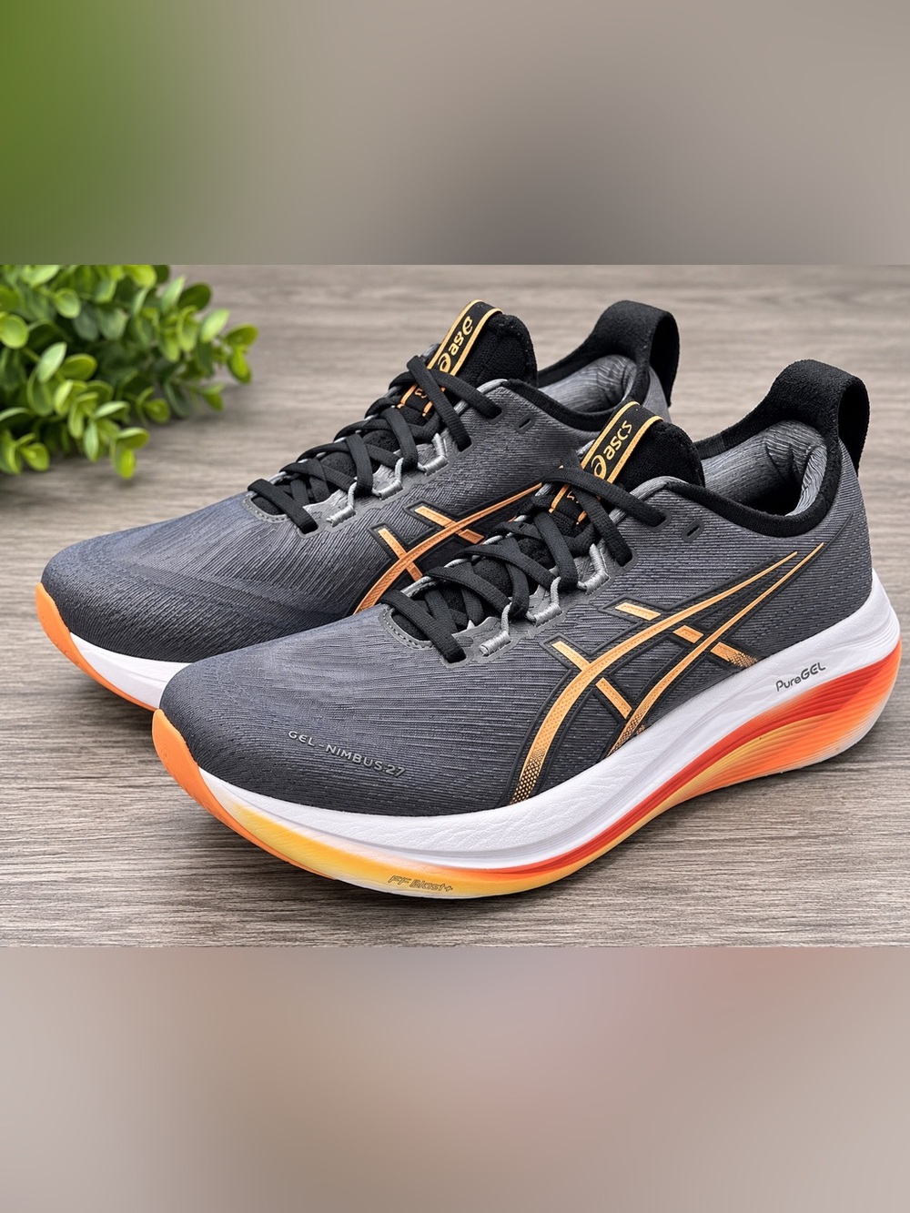 Asics Gel Nimbus 27 Men's Size 10.5 Running Shoes in Gray with Orange Accents